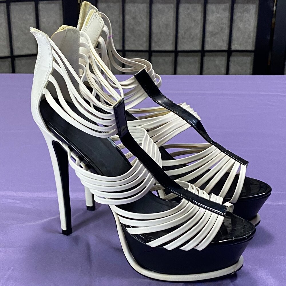 DIVA-ESQUE Beau & Ashe sky high 6" black and white strappy zip-back heels